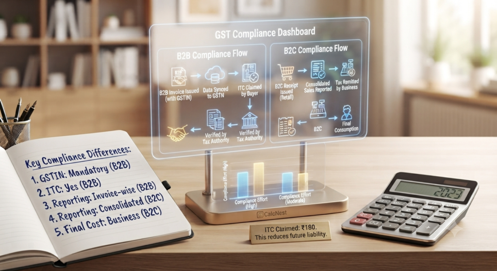 B2B and B2C invoice difference and GST compliance flowchart by CalcNest