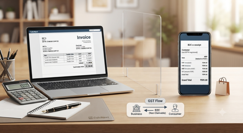 B2B vs B2C invoice GST calculation and tax flow comparison guide for CalcNest