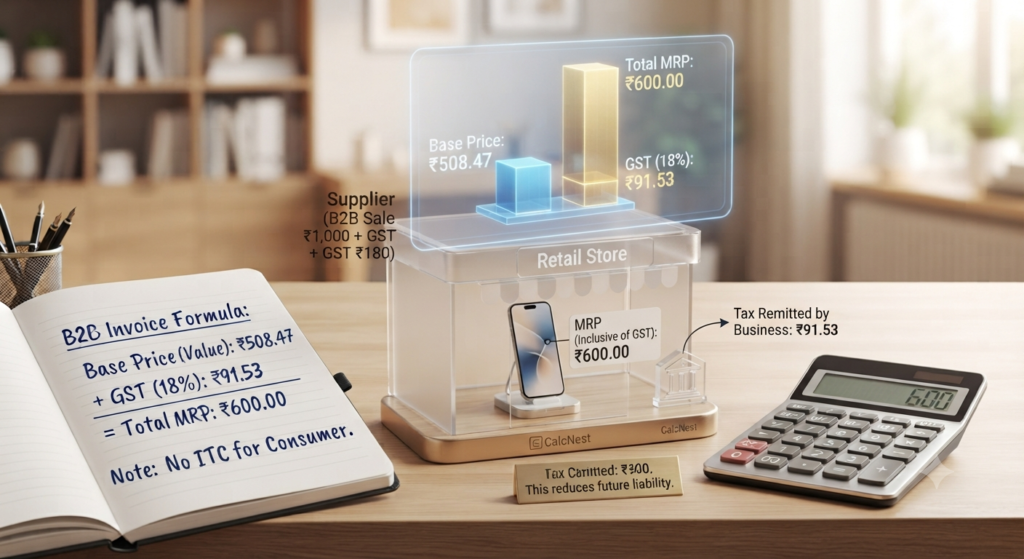 B2C invoice GST calculation and retail pricing inclusive tax breakdown by CalcNest