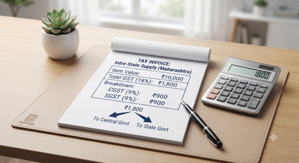 CGST and SGST intra state tax calculation formula and example for CalcNest