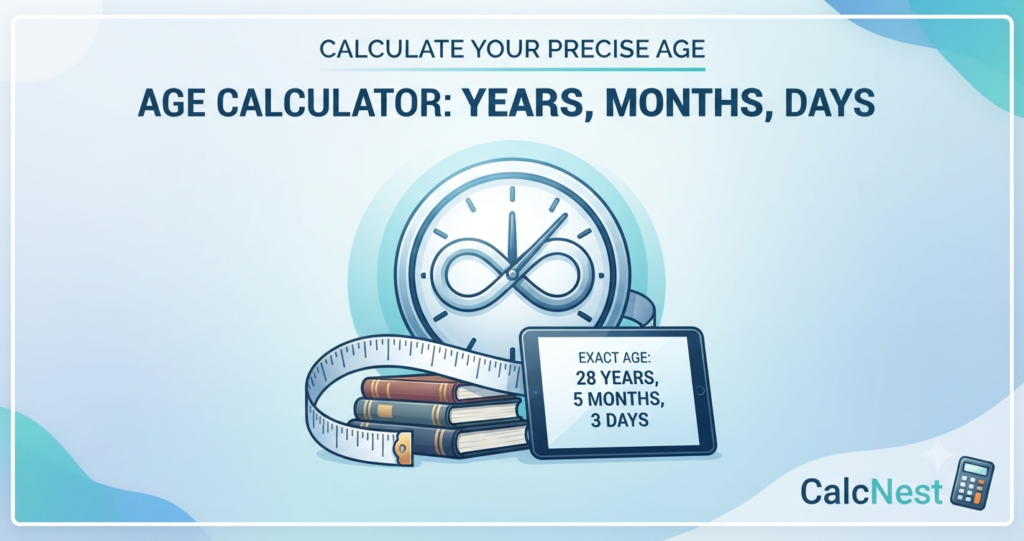 CalcNest exact age calculator banner showing years, months, and days breakdown