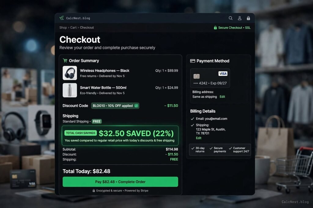 Calculate money saved on sale using online calculator tools by CalcNest