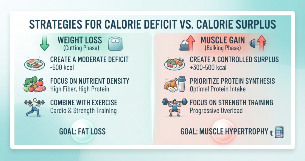 Comparison chart for calorie deficit weight loss and calorie surplus muscle gain
