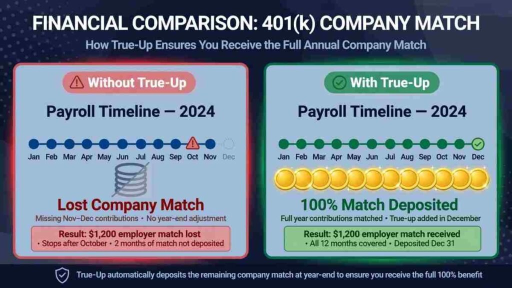 Comparison infographic showing 401k employer match with true-up provision versus without true-up