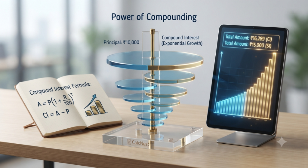 Compound interest formula and exponential investment growth chart by CalcNest