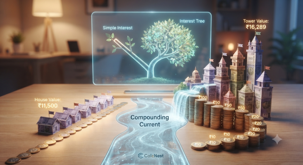 Compounding current and interest tree visualization comparing financial growth for CalcNest