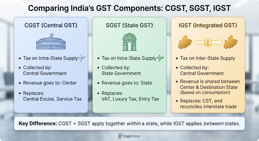 Difference between CGST SGST and IGST comparison chart by CalcNest