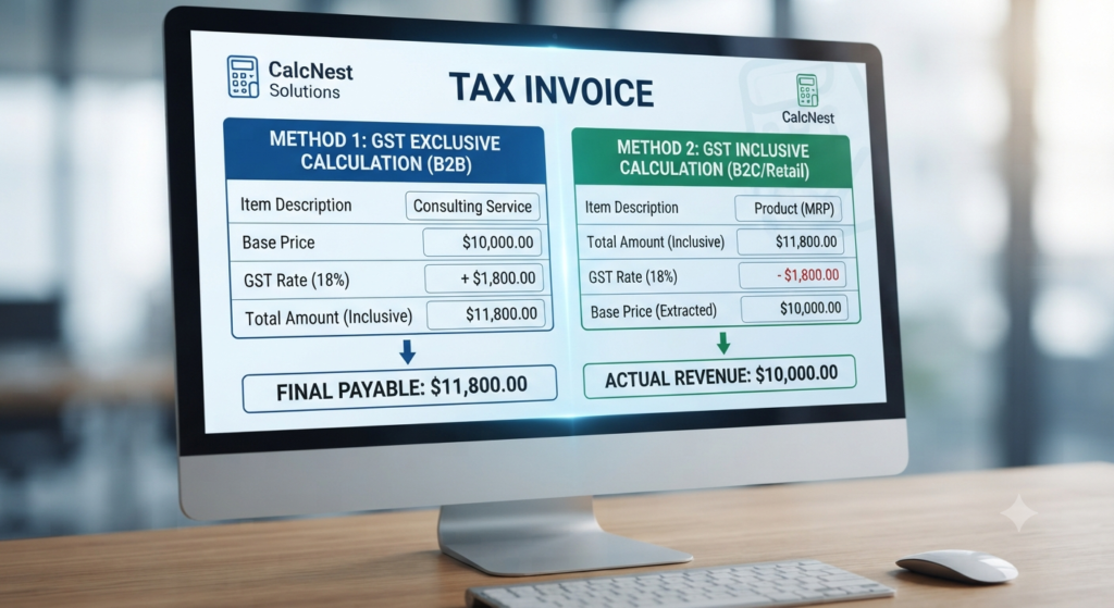 Digital invoice displaying GST inclusive and exclusive calculation breakdown for CalcNest