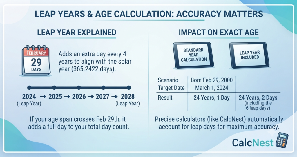 Explanation of leap years and their impact on exact age calculation accuracy