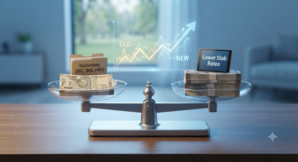Financial balance scale illustrating tax deductions vs lower slab rates for CalcNest