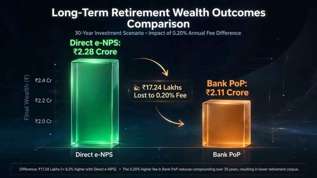 Graph showing 30-year NPS compounding loss of 17 lakhs due to 0.20 percent annual PoP servicing fee