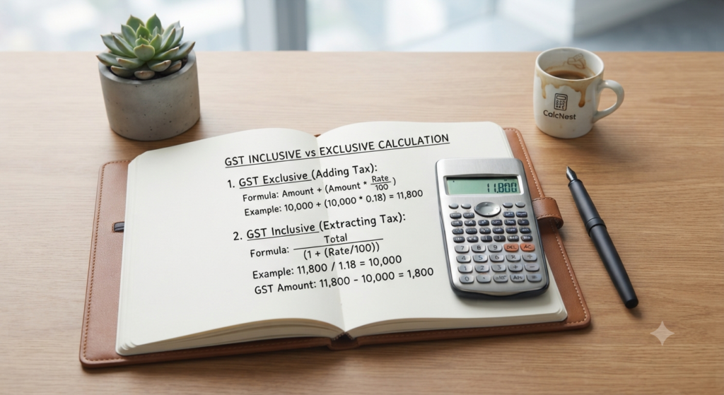 Handwritten GST inclusive and exclusive calculation formulas on notebook for CalcNest