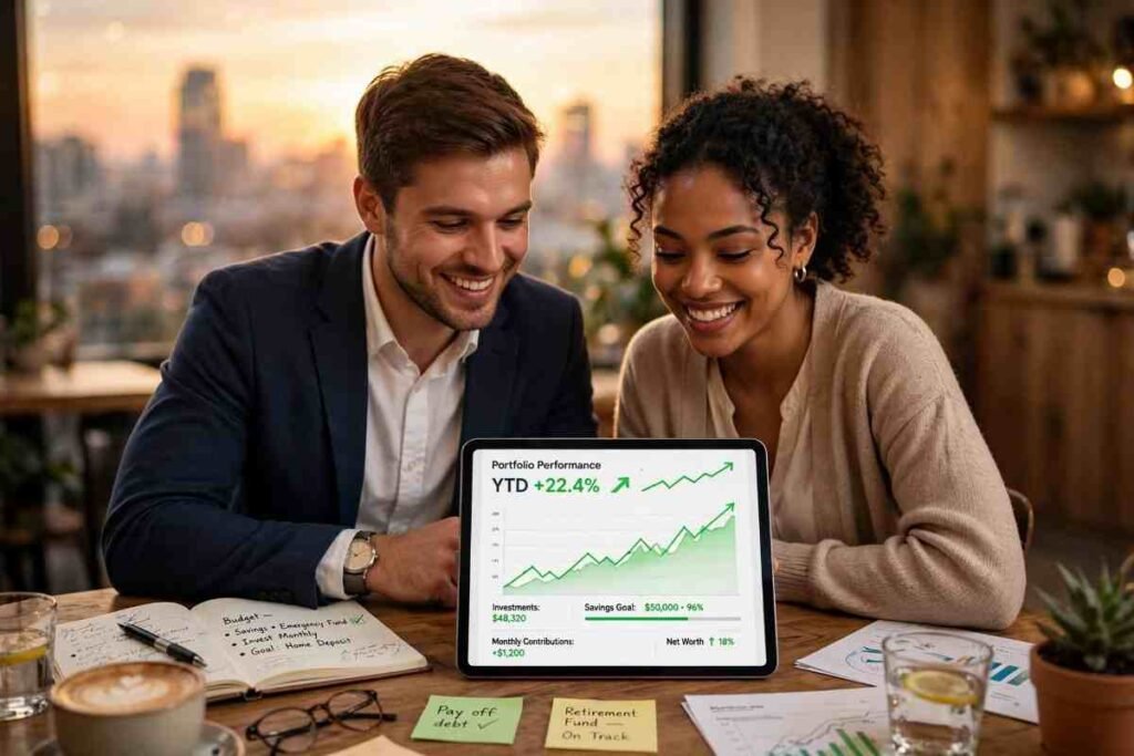 Happy couple planning financial future using step up sip