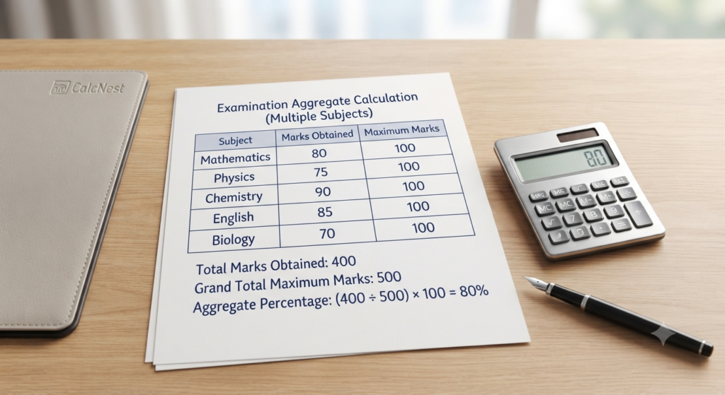 How to calculate aggregate percentage for multiple subjects in semester exams with example by CalcNest