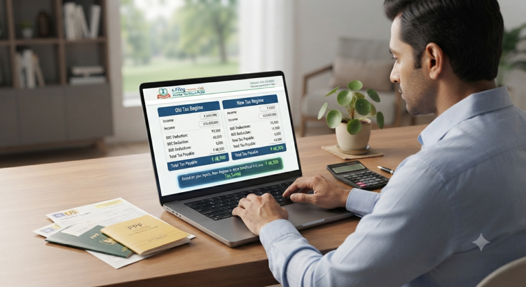 Indian professional comparing Old and New Tax Regime on online e filing portal for CalcNest