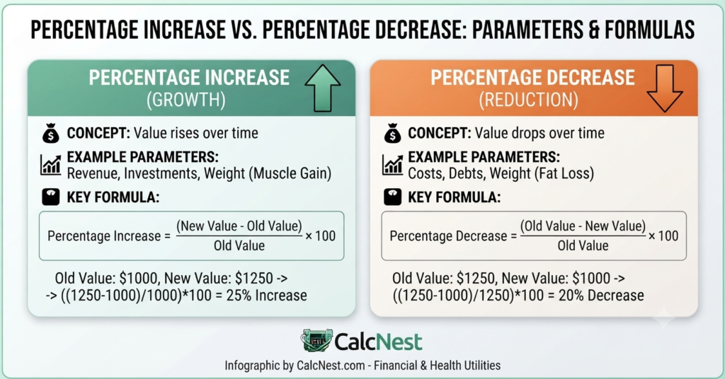 Infographic comparing percentage increase vs percentage decrease formulas and parameters