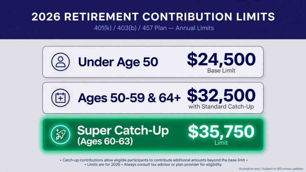 Infographic displaying 2026 401k contribution limits including SECURE 2.0 super catch up for ages 60 to 63