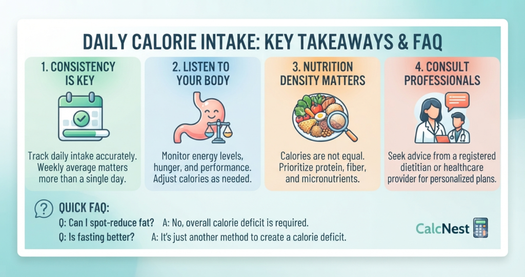 Infographic summary of daily calorie intake guidelines and FAQs