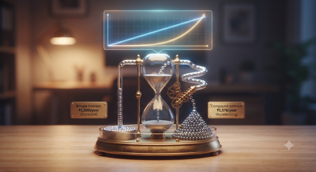 Kinetic hourglass model comparing constant simple interest and accelerating compound interest for CalcNest
