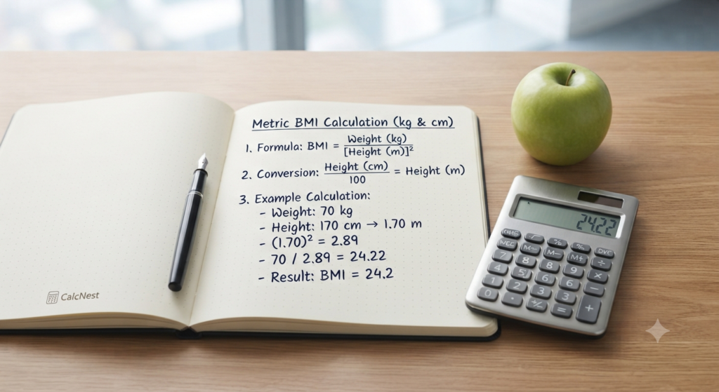 Metric BMI calculation formula using kilograms and centimeters for CalcNest blog