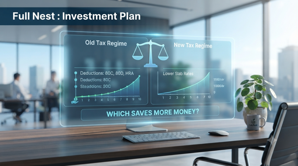 Old Tax Regime vs New Tax Regime holographic dashboard and comparison scale for CalcNest