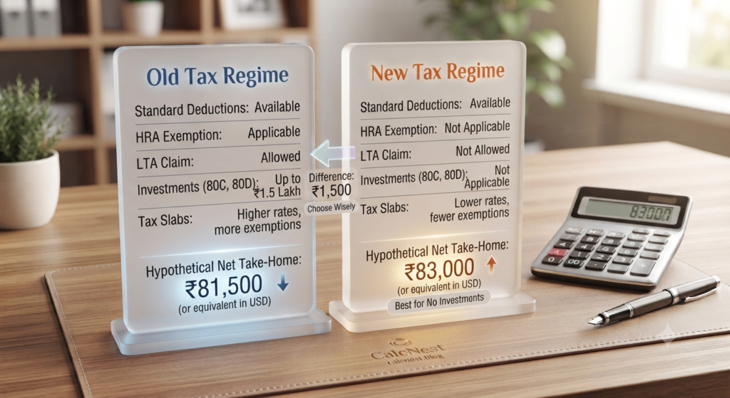 Old vs new tax regime impact on net take home salary comparison by CalcNest