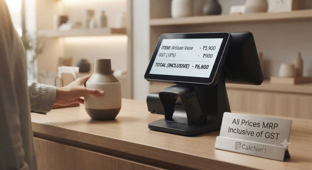 Retail store checkout scanner showing MRP and GST inclusive pricing for CalcNest