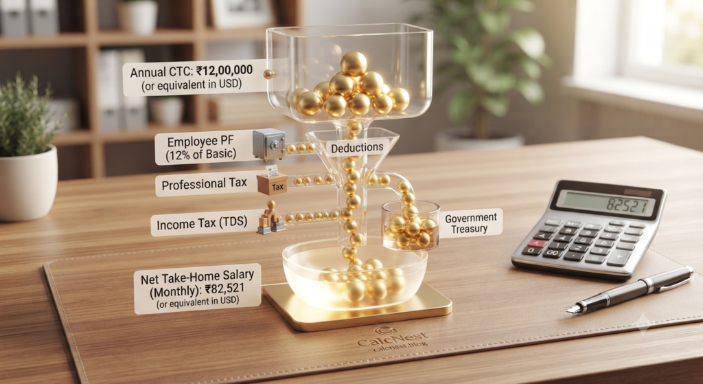 Salary deductions breakdown including PF, tax, and HRA for take home calculation by CalcNest