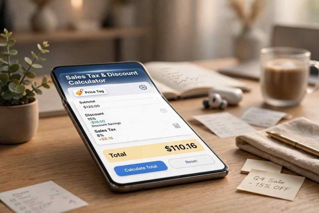Sales tax and discount calculator interface showing final price calculations