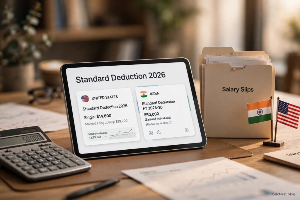 Standard deduction rules and limits for salaried employees in India and USA by CalcNest