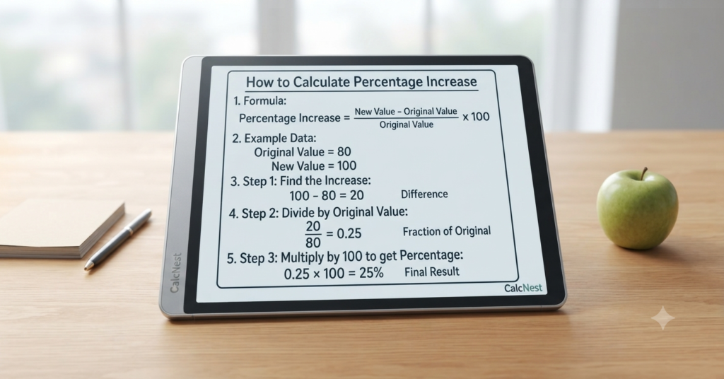 Step by step formula and calculation example for percentage increase