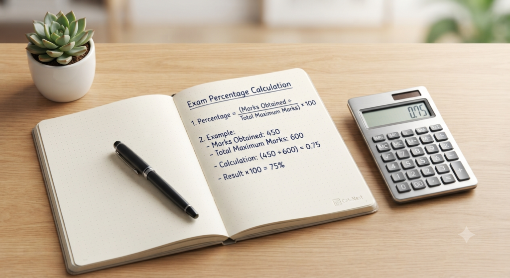 Step by step formula for calculating percentage of marks from obtained and total maximum marks by CalcNest