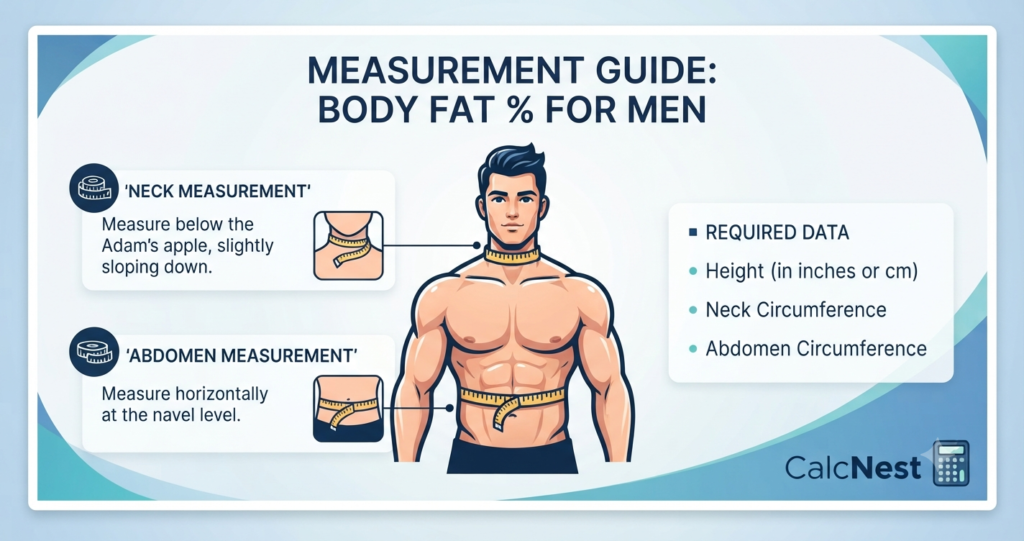 Step by step guide for men measuring neck and abdomen for body fat calculation