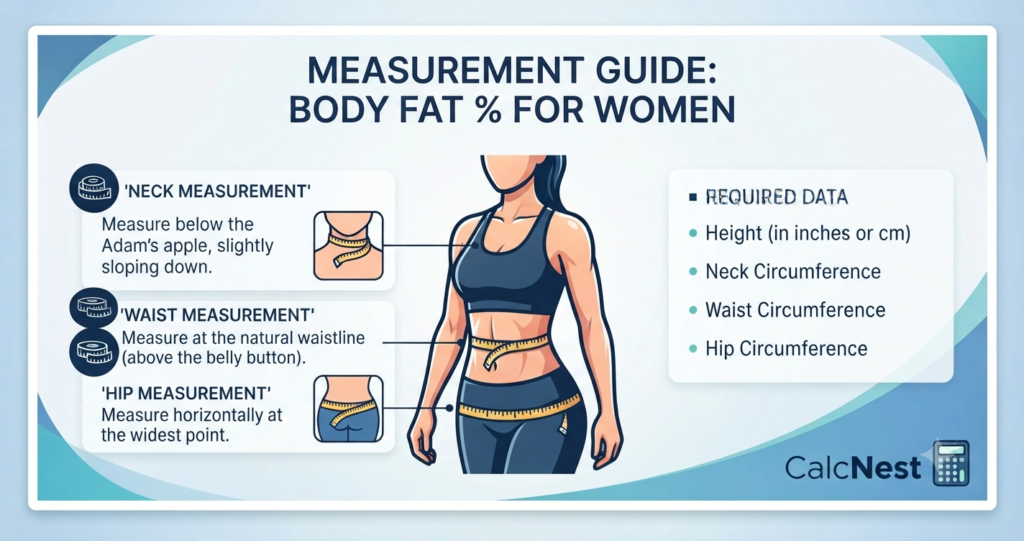 Step by step guide for women measuring neck, waist, and hips for body fat