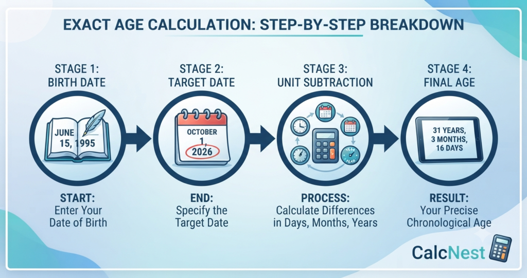 Step by step process of calculating exact age in years, months, and days