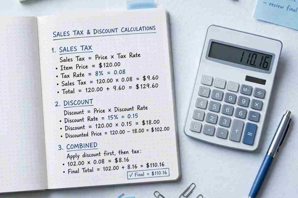Step by step sales tax and discount percentage calculation formula