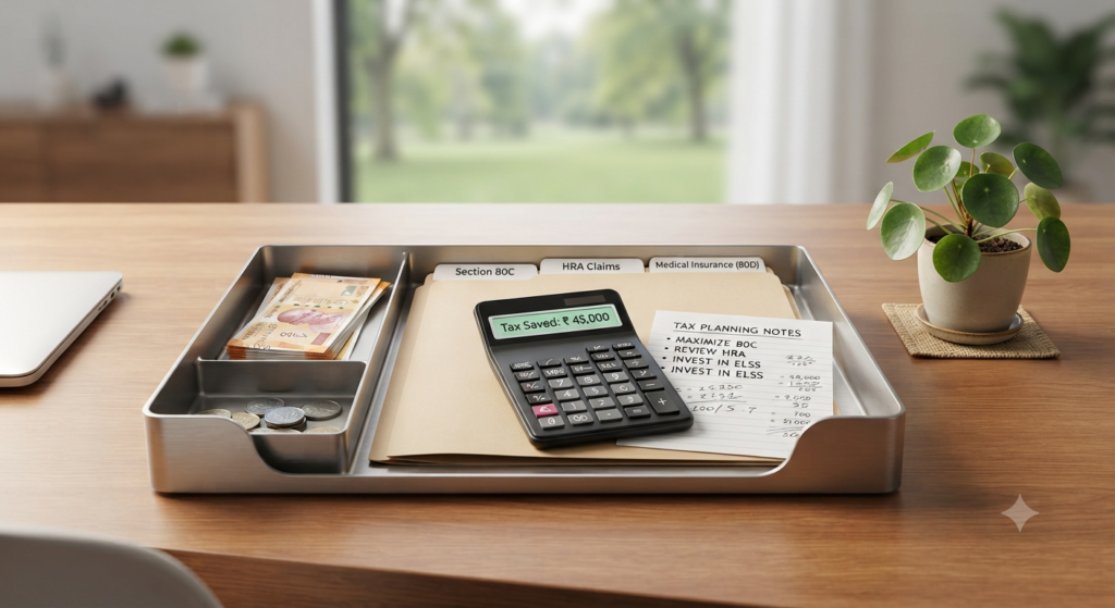 Tax planning calculator and Section 80C deduction notes on wooden desk for CalcNest blog