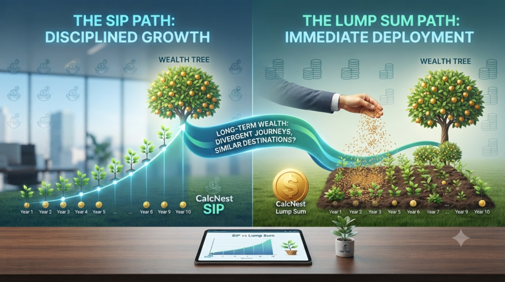 Unique conceptual illustration of SIP vs Lump Sum mutual fund investment returns for CalcNest
