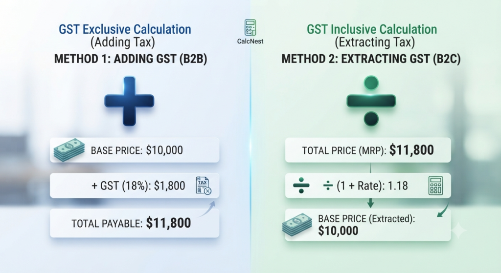 Visual comparison of GST exclusive addition and GST inclusive extraction methods for CalcNest
