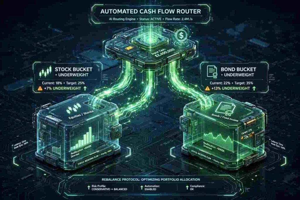 Diagram showing tolerance band triggering and cash flow routing in automated rebalancing