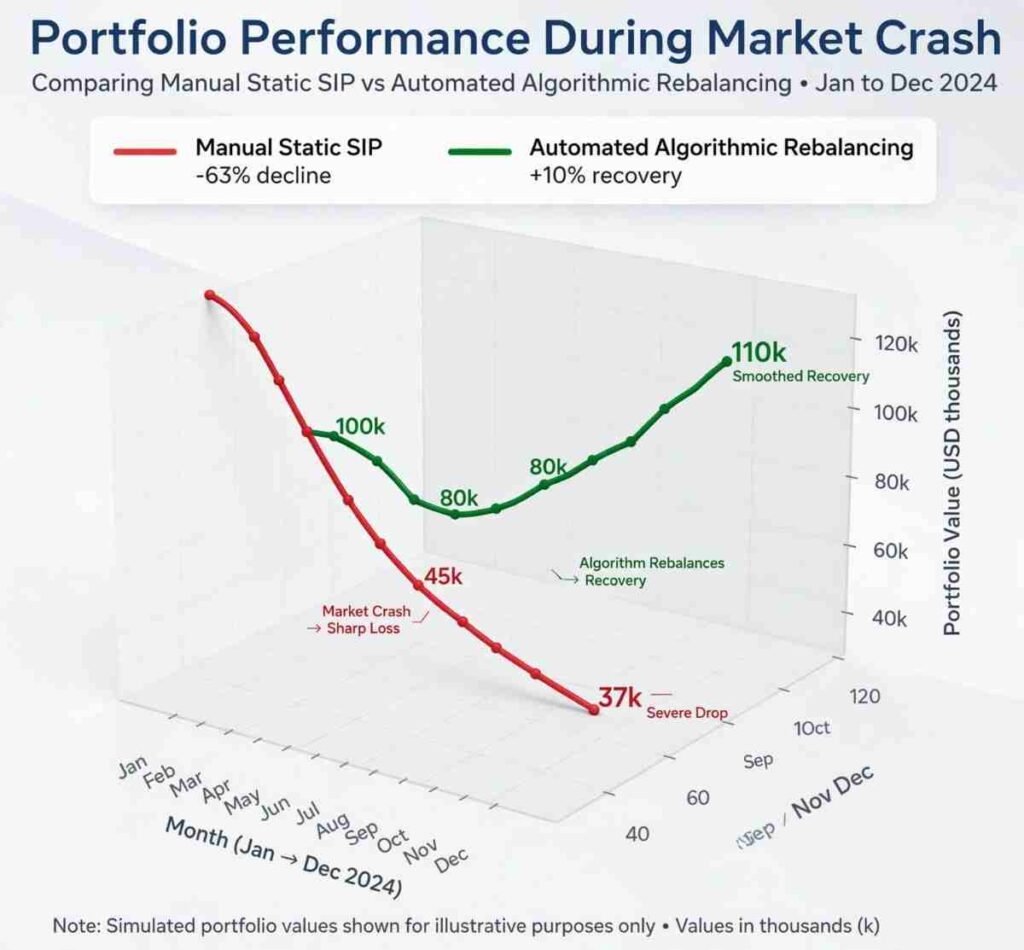 Performance comparison graph showing drawdown protection of automated algorithmic rebalancing