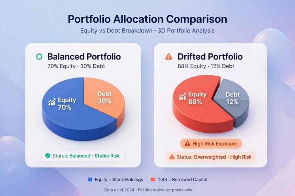 Illustration of portfolio drift shifting target equity allocation from 70 percent to 88 percent