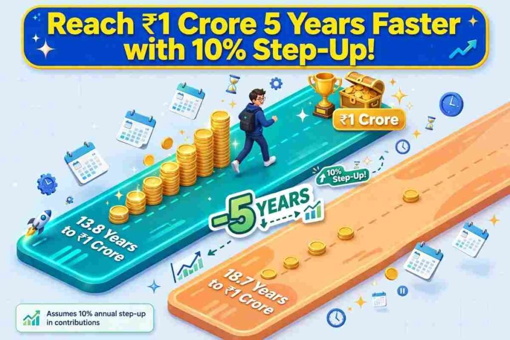 Timeline comparison showing 5 years saved using 10 percent annual step up sip