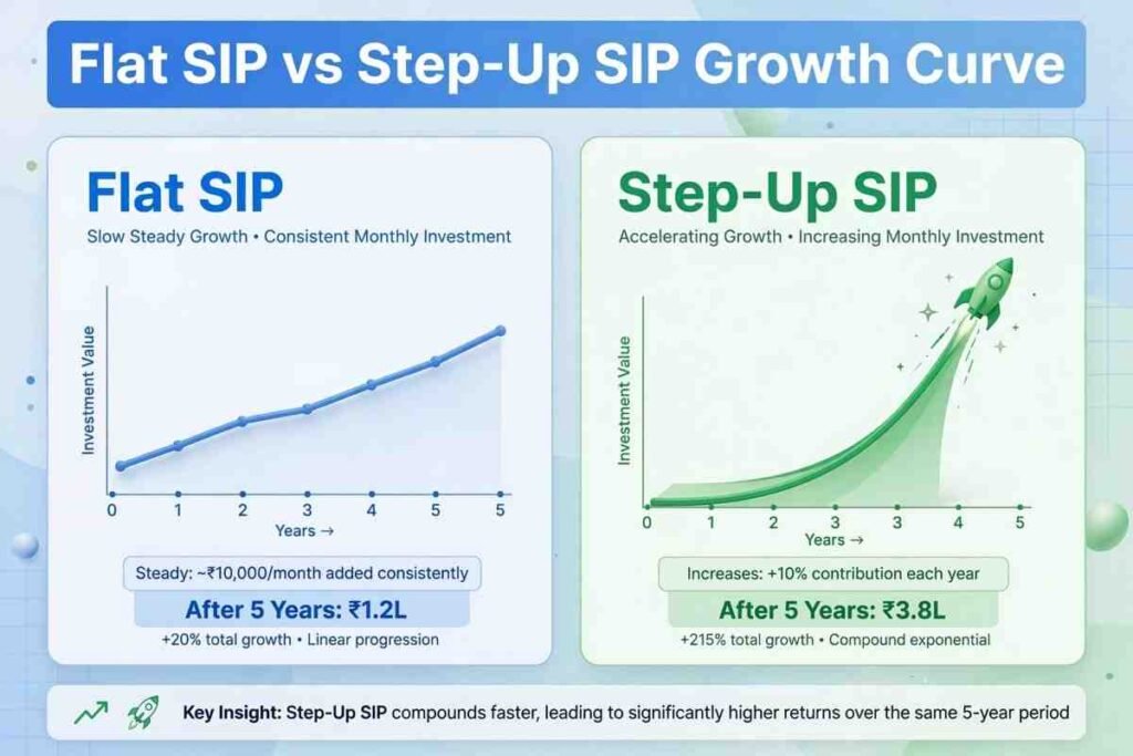 Comparison between flat static monthly SIP and percentage step-up SIP growth